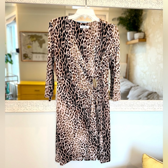 Calvin Klein Dresses & Skirts - NWOT Calvin Klein Leopard Wrap Dress w/ Side Gold Accent, 3/4 Length Sleeves, S